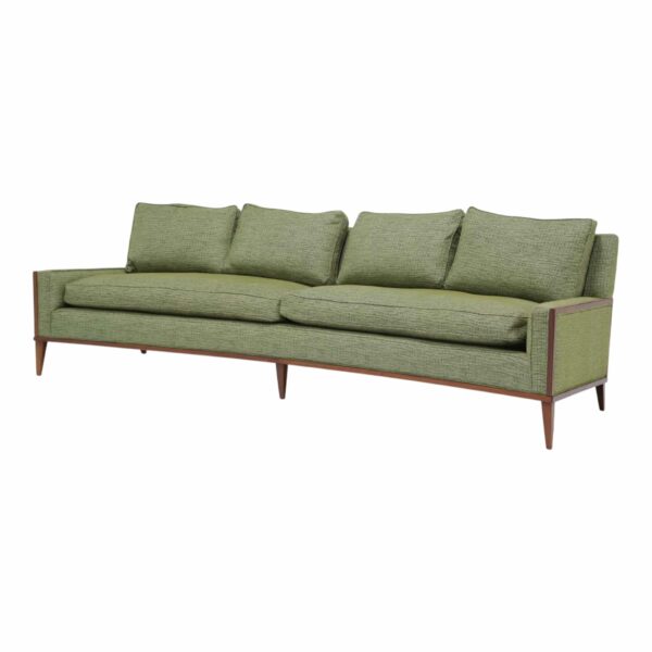 Mid-Century Modern Curved Four Seater Sofa in Walnut with textured green fabric by Paul McCobb, 1950s